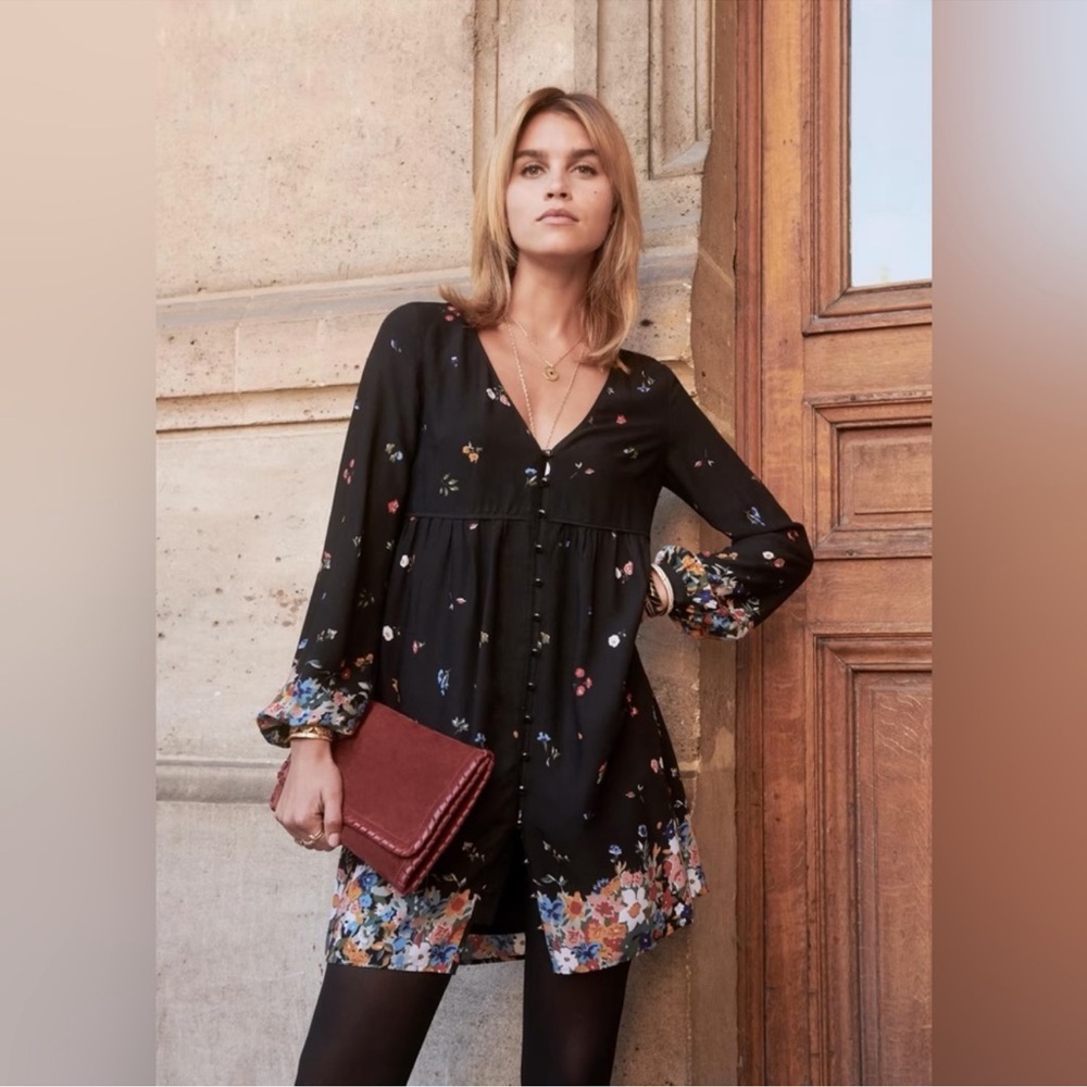 Sezane Carina Mini Dress Black Floral A-Line Puff Sleeve FR 34 US 2 XS